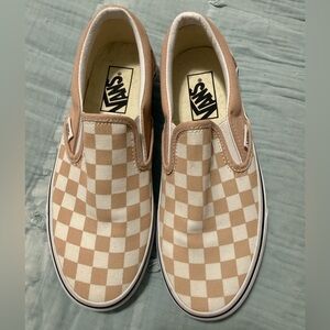Vans Beige and White Checkerboard Slip-On Sneakers